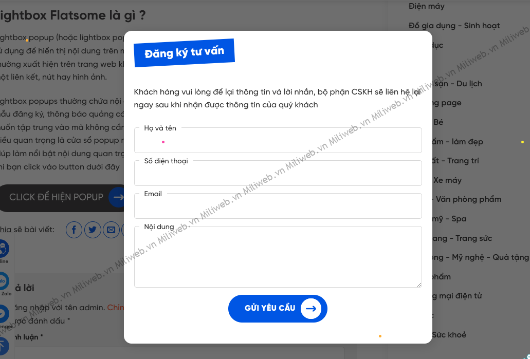 Popup tư vấn trong flatsome dùng lightbox