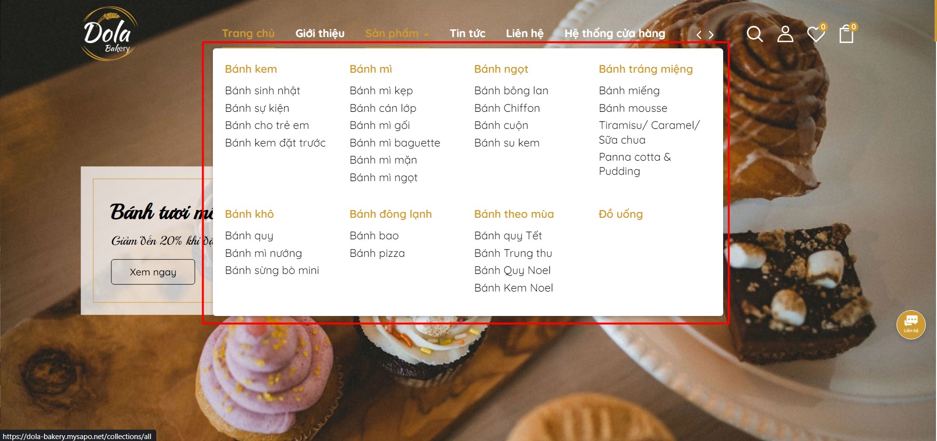 mega-menu Dola Bakery